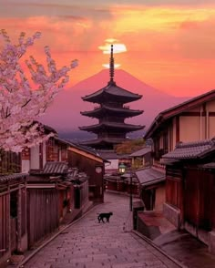 a dog is walking down an alley in front of a building with a pagoda on top