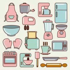 a collection of kitchen appliances and utensils in pastel colors on a white background