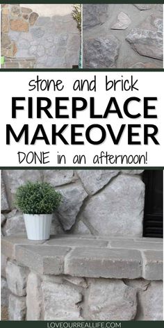 stone and brick fireplace makeover done in an afternoon with text overlay that reads, stone and brick fireplace makeover done in an afternoon