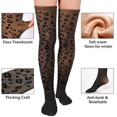 Fleece Lined Thigh High Socks-Leopard Print | MoonWood Black Nylon Knee-high Socks, Black Stretch Nylon Knee-high Socks, Tight Nylon Winter Hosiery, Tight Nylon Hosiery For Winter, Nylon Thigh-high Socks, Stretch Nylon Thigh High Socks, Stretch Thigh High Nylon Socks, Winter Nylon Tight Legwear, Tight Nylon Legwear For Winter