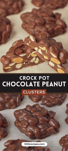 crock pot chocolate peanut clusters with text overlay that reads crock pot chocolate peanut clusters