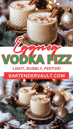 two glasses of vodka with cinnamon on the rim and pine cones around them, surrounded by christmas decorations