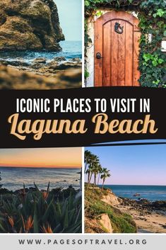 the front cover of a travel brochure with images of laguna beach and palm trees