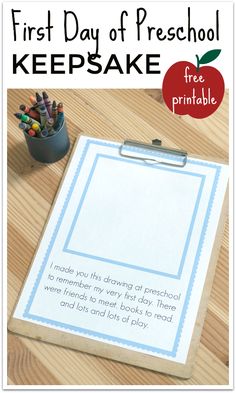 the first day of preschool keepsake is free printable and includes an apple with crayons on it