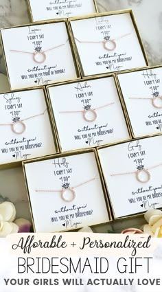 bridesmaid gifts for the newly married couple on their wedding day with text overlay