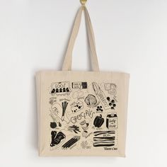 Grocery Themed Tote Bag – Artist-Designed & USA-Printed Elevate your shopping trips with our Grocery Themed Tote Bag, illustrated by the Tuxberry & Whit sisters. Screen printed in Denver, Colorado, this heavy cotton canvas tote features playful food illustrations that celebrate everyday essentials. Durable, eco-friendly, and charming, it transforms errands into a delightful experience. Key Features Food-Inspired Art: Hand-drawn groceries for a cheerful touch. Eco-Friendly Cotton: Reusable and st Grocery Bag Design, Carry Bag Design, Modern Illustration Style, Tote Bag Illustration, Bag Illustration, Grocery Tote Bag, Food Inspired, Market Tote Bag, Modern Illustration