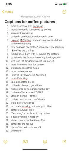 the coffee menu on an iphone, with captions for coffee pictures and other words