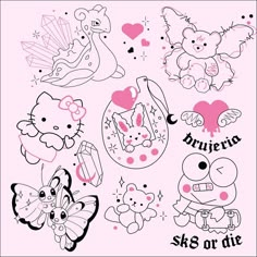 the hello kitty stickers are all in pink and black, with different designs on them