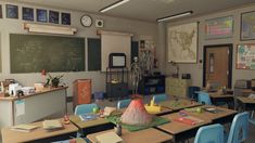 an empty classroom with desks and chalkboards on the wall, including a blackboard