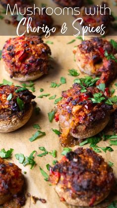 mushrooms with chorizo and spices on a baking sheet