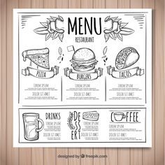 a menu for a restaurant with hand drawn food and drinks on the wooden background illustration