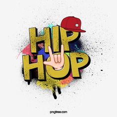 the word hip hop is painted in yellow and red with a baseball cap on top