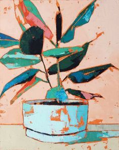 a painting of a potted plant on a table