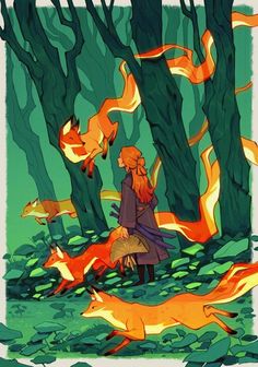 a woman sitting in the middle of a forest surrounded by fire