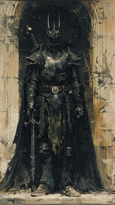 a drawing of a knight standing in front of a doorway