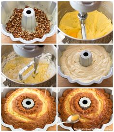 the steps to make an orange cake in a mixing bowl and then being made into a bundt cake