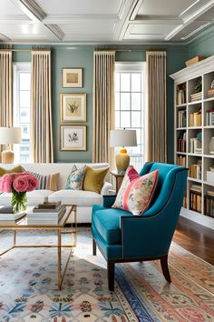 a living room filled with furniture and lots of bookshelves on top of it