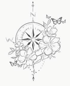 a compass with flowers and butterflies on the side, as well as a butterfly flying over it