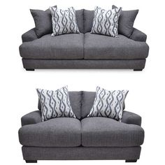 two gray couches with pillows on them