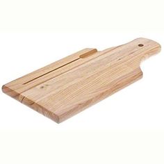 a wooden cutting board sitting on top of a white surface