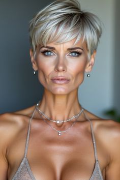 Blonde Pixie With Bangs, Soft Crop Haircut, Short Hair For Older Women, 2025 Hairstyles, Blond Pixie, Short Hair Back View, Low Cut Hairstyles, Platinum Pixie