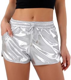 PRICES MAY VARY. [Lightweight and Stretchy Material]: Our metallic shorts are made up of stretchy fabric which is very lightweight, breathable, and quick dry. Without any restrain, you can wear this short all day. Suggest washing prior to first wear: hand washed with cold water, and do not to bleach. [Smocked and Adjustable Waistband]: Inspired by the traditional dolphin hem shorts, our metallic short for woman is equipped with an elastic waist and adjustable drawstring in the front, offering a Hoco After Party, Flower Drum Song, Shiny Shorts, Concerts Outfits, Swishy Pants, Rave Shorts, Disco Costume, Park Square, Womens Cosplay