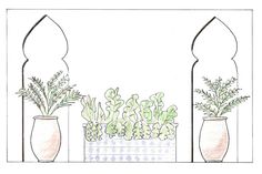 a drawing of two vases with plants in them on a table next to each other