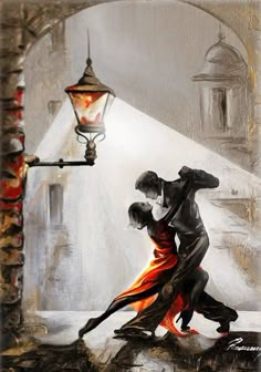 a painting of two people dancing under a street light