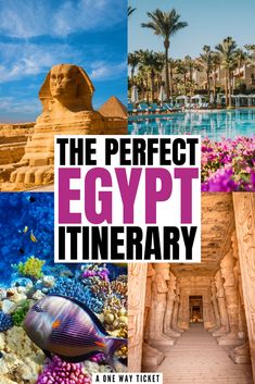 the perfect egypt itinerary is in front of an image of some buildings and water