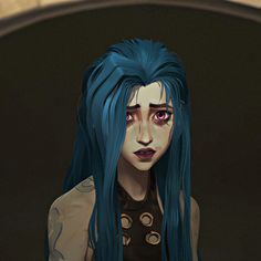 an animated woman with blue hair and piercings