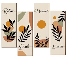 four canvases with different types of leaves on them, each displaying the word relax and unwind