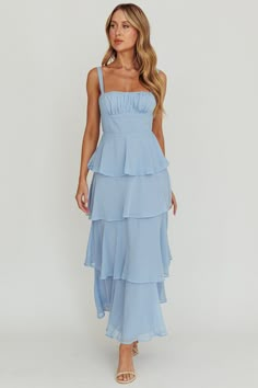 Provence Bloom Tiered Ruffle Maxi Dress Sky Blue by Selfie Leslie Black Tiered Bridesmaid Dress, Formal Garden Wedding Attire, Bridesmates Dresses, Pastel Blue Bridesmaid Dress, Bridesmaid Lineup, Garden Party Bridesmaid Dress, Pink Formal Dresses Short, Pastel Maxi Dress, Frill Maxi Dress