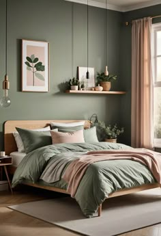 a bedroom with green walls and bedding in the corner, along with hanging plants