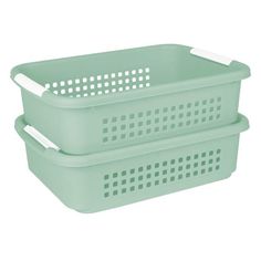 two green plastic baskets with handles