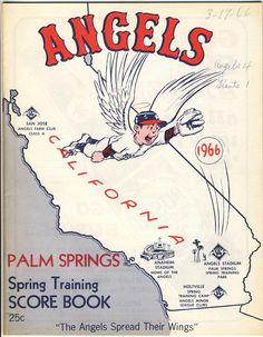 an advertisement for the palm springs spring training score book, with angels flying above it