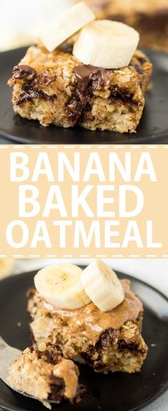 banana baked oatmeal with chocolate and bananas on top