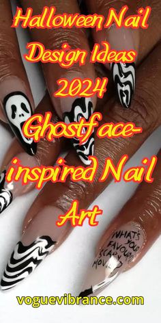 What’s your favorite scary movie? If it’s Scream, you should definitely save this manicure idea for your next appointment. The wavy black and white striped French tips perfectly complement the eerie portrait of Ghostface and his signature weapon. Scream Movie Nails, Scream Nail Designs, Scream Nails Acrylic, Scream Nail Art, Ghost Face Nails, Scream Nails