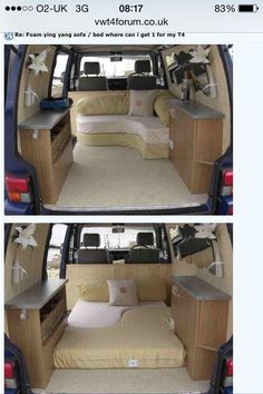 two pictures of the back end of a van with its bed pulled up and folded down