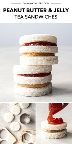 a stack of cookies with jelly on top and the words, peanut butter & jelly tea sandwiches