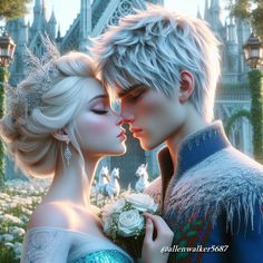 two people dressed as snow queen and prince kissing each other in front of a castle