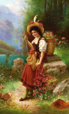 a painting of a woman in a red dress and straw hat holding a planter