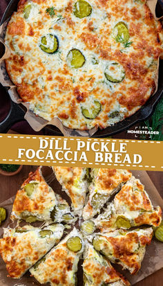 two different types of pizza with cheese and pickles