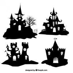 black and white silhouettes of halloween castle