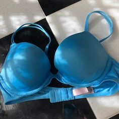 New Without Tags Vs Blue Sexy Bra With Cute Double Spaghetti Straps That Look Ok To Show Blue Push-up Bra With Adjustable Straps, Blue Push-up Bra With Removable Pads, Summer Push-up Bra In Blue, Blue Seamless Push-up Bra, Blue Push-up Bra With Padded Cups, Light Blue Push-up Bra, Dna Cloning, Push Up Bra, Vs Pink