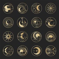 the phases of the moon and sun in gold on a black background stock photo - budget conscious