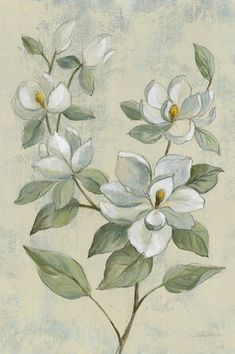 a painting with white flowers and green leaves on a light colored background is featured in this image