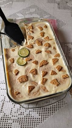 a glass dish filled with some kind of dessert