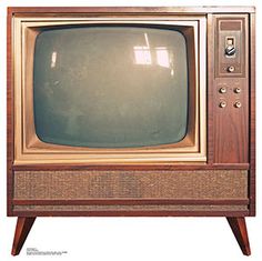 an old fashioned television set sitting on top of a wooden stand in front of a white background