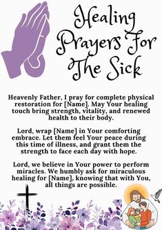 a prayer for the sick with purple flowers and praying hands in front of it on a white background