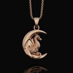 Gold Fantasy Necklace With Dragon Design, Gold Fantasy Dragon Necklace, Moon Dragon, Dragon Necklace, Jewelry Details, Dragon Jewelry, Magical Jewelry, Mythical Creature, Jewelry Lookbook